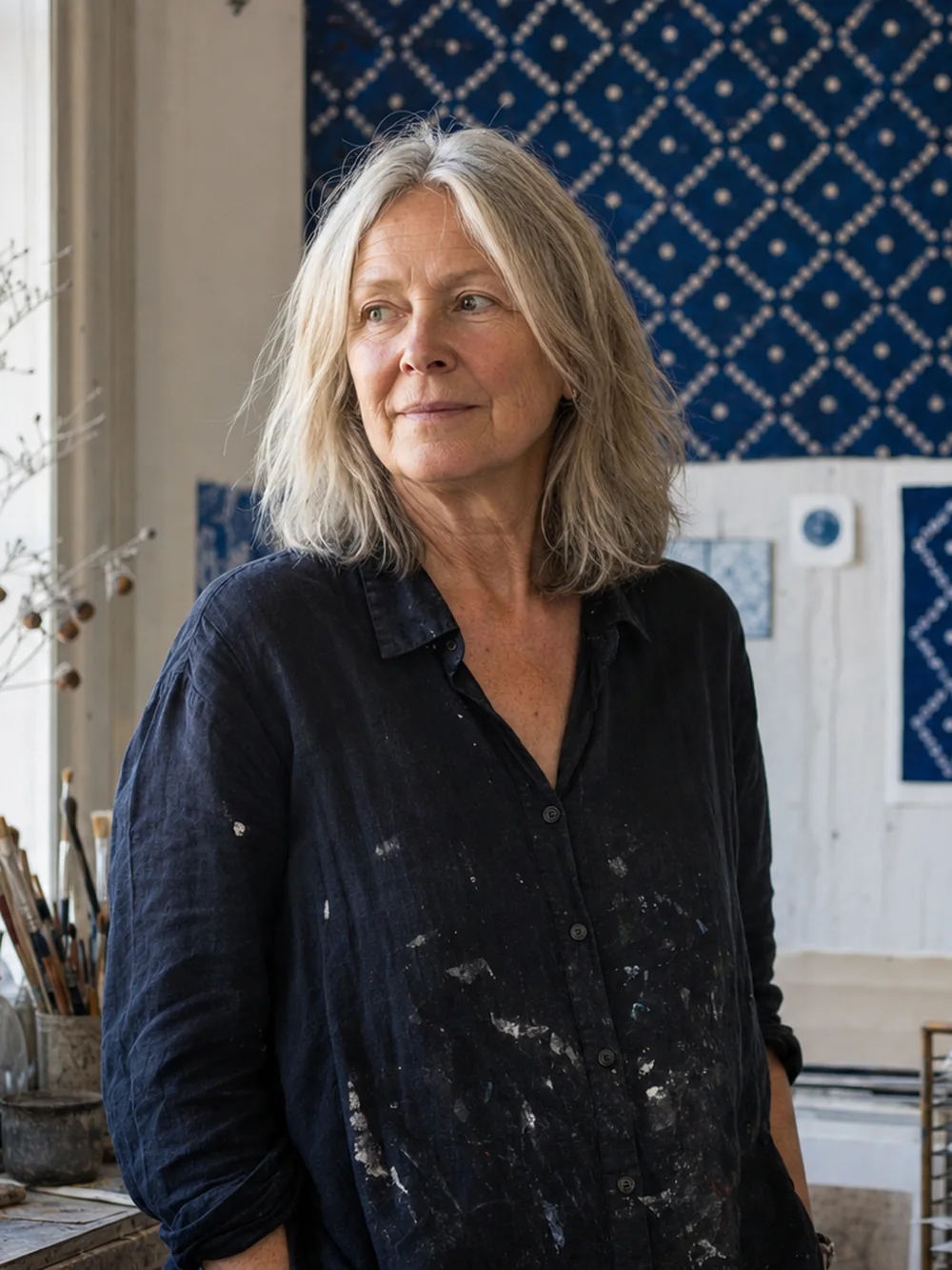 Hilde Gamman i atelieret, foran egne malerier og trykk.